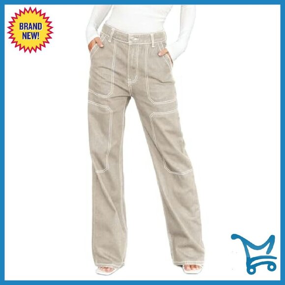 Mid Waist Cargo Jeans Stretch Button Wide Leg Denim Pants - Picture 2 of 8